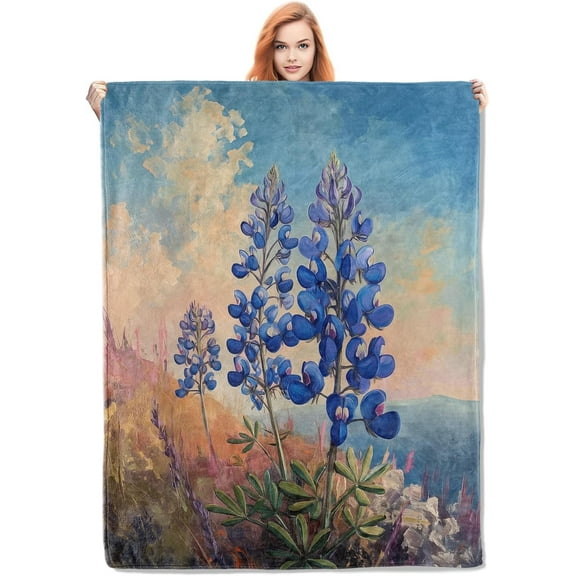 Bluebonnet Flower Painting Blanket, Artistic Floral Flannel Throw Blankets,Soft Warm Lightweight Cozy Plush Throws for Bedroom Sofa Office Home Decor Gifts for Women Girls 50 x 60 Inch