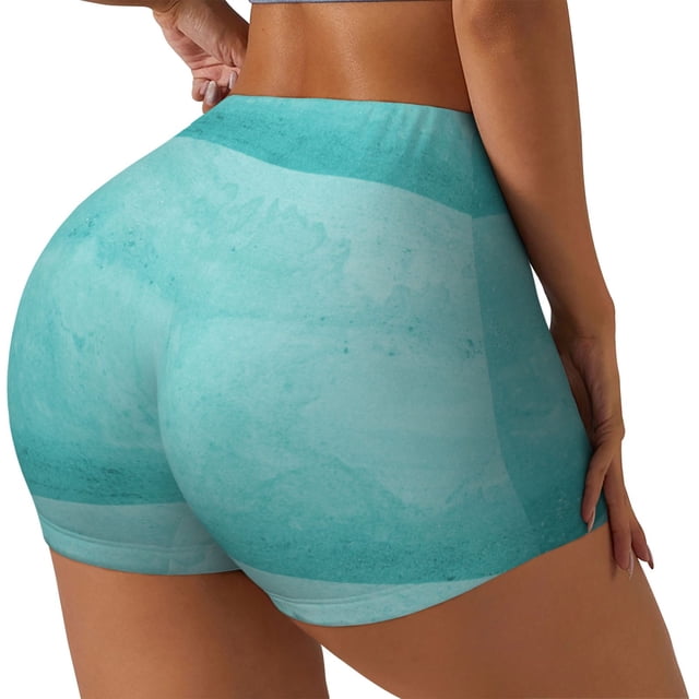 Fotbe Blue And Turquoise Shorts Sin Costuras – Shorts Deportivos de Cintura Alta para Mujer, Elásticos para Gimnasio, Yoga, Running o Ciclismo-Large