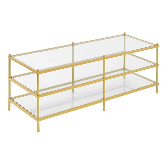 Pemberly Row Three-Tier Gold Metal Coffee Table With Clear Glass Shelves