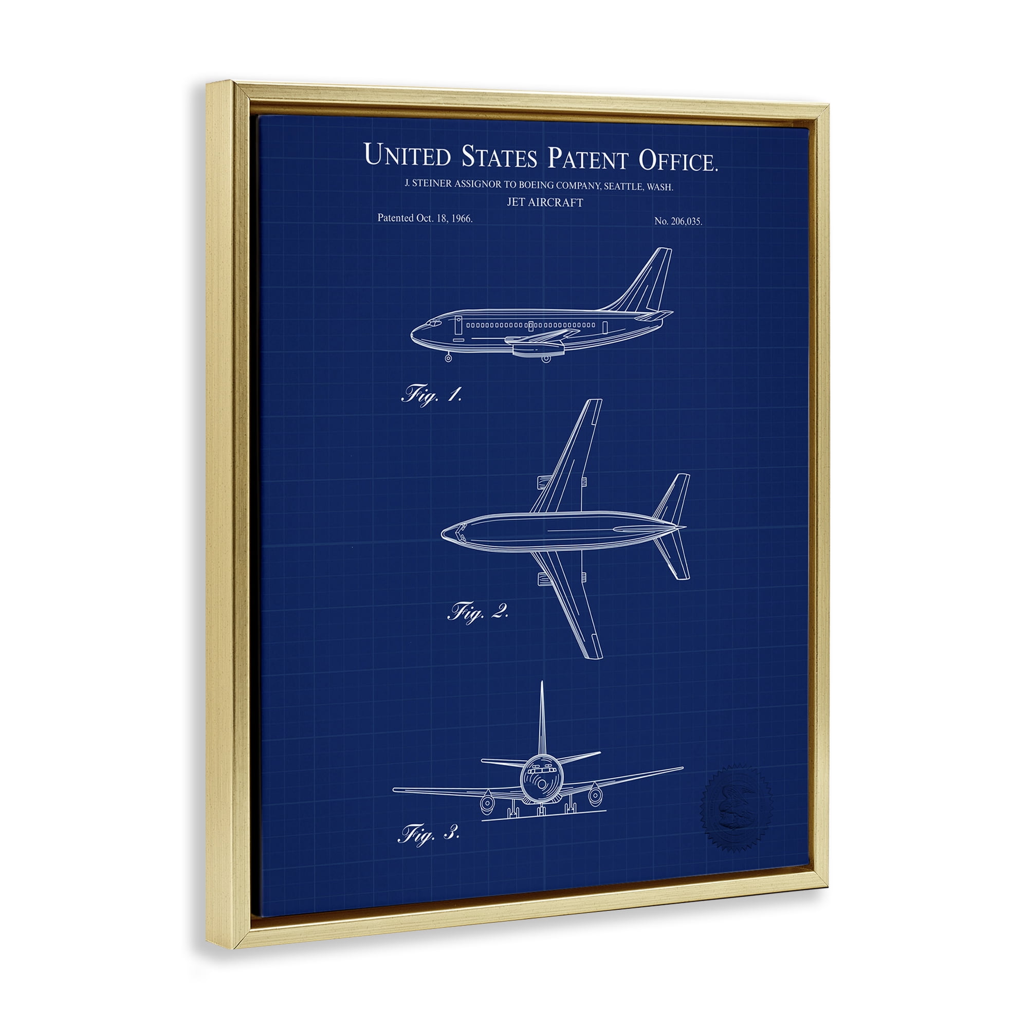 Stupell Industries Jet Aircraft Blueprint Transportation Painting Gold Floater Framed Art Print Wall Art, 17 x 21