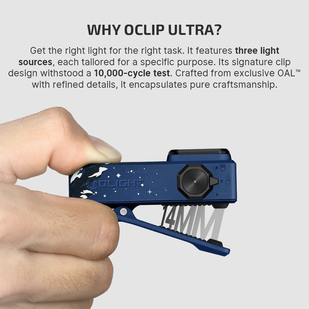OLIGHT Oclip Ultra EDC Flashlight Clip-on Light, 530 Lumens Rechargeable with Type-C Charging, Combines Floodlight, Spotlight and UV, Triple Magenetic Lights for Inspection and Work (Snowy Summit)