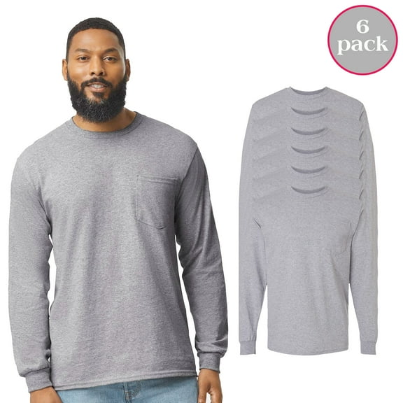 Gildan Ultra Cotton Long Sleeve Pocket T-Shirt, Sport Grey Comfortable Pocket Shirt, 6-Pack Tee, S
