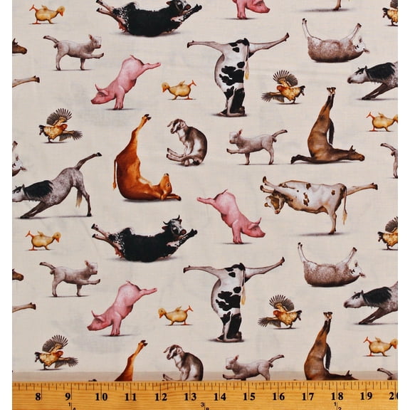 Cotton Farm Animals Doing Yoga Stretching Pigs Cows Chickens Barnyard Yoga is for Everyone Cotton Fabric Print by the Yard (8300CREAM)