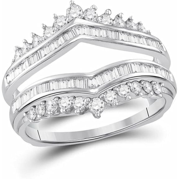 14k White Gold Plated 925 Sterling Silver Round & Baguette Solitaire Guard Enhancer Wedding Anniversary Ring For Womens