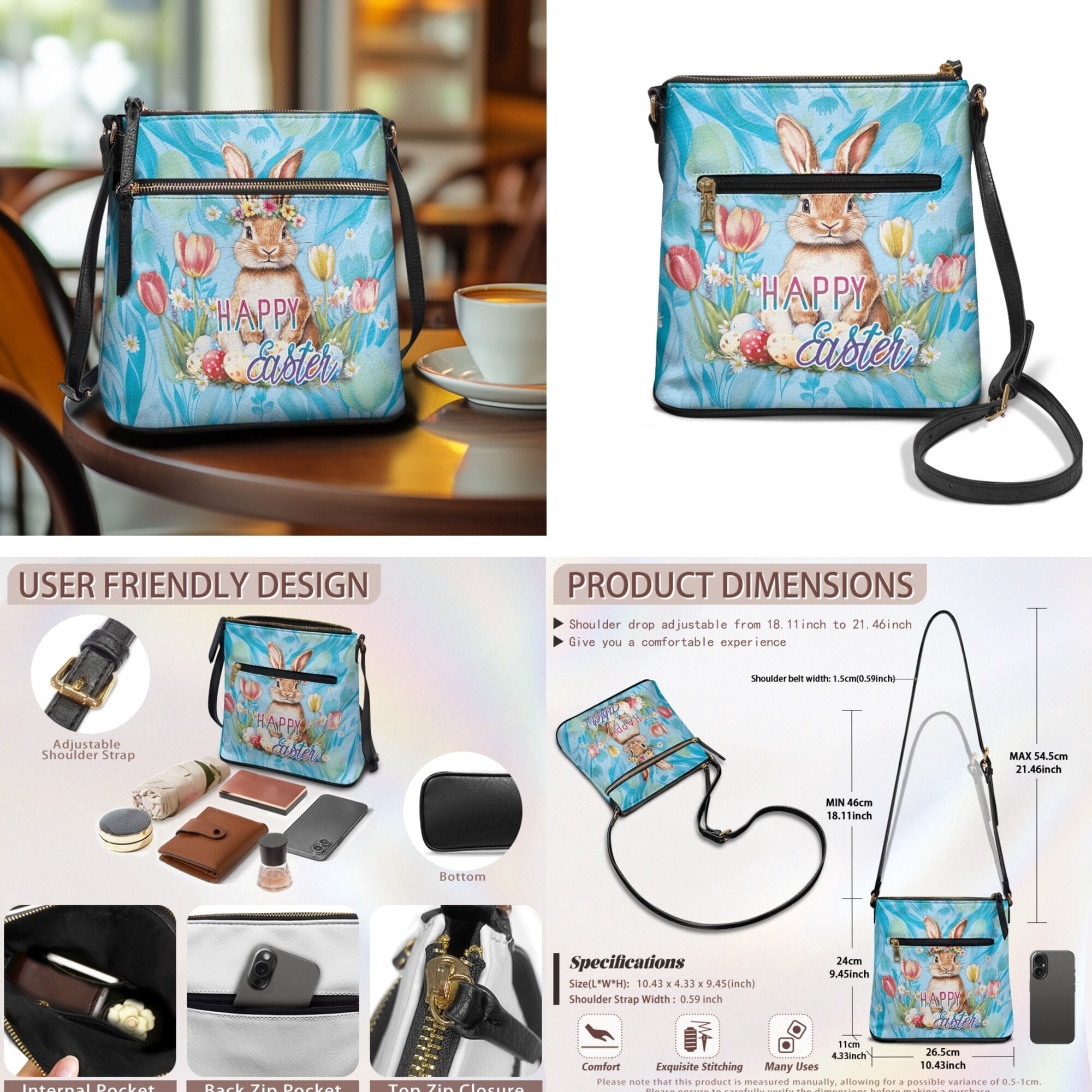 LedBack Rabbit Tulip Large Crossbody Bags Ladies Shoulder Handbags Purse and Wallet Set Multi Pocket Easter Eggs Messenger Bag with Adjustable Strap, Gift for Women, Blue