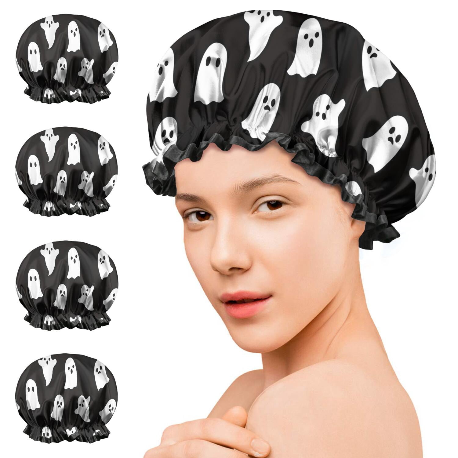 Shower Caps,Black Halloween Ghosts Waterproof Shower Cap for Women 4 Pieces,Double Reusable Hair Cover for Shower PEVA Elastic Stretch Hem
