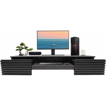 Wall Mounted Desk 60 * 15-Inches Floating Shelf with Pull Out Drawer Wall Organizer nder Storage Workstation Black Wall Desk Hanging Desk for Bedroom Living Room Study Office