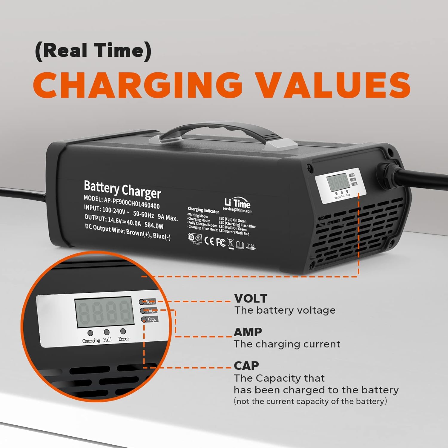 LiTime 14.6V 40A Lithium Battery Charger Mountable for 12V LiFePO4 Lithium Battery with LED Indicator and ON/Off Switch, AC-DC Smart Charger, 40A Fast Charging