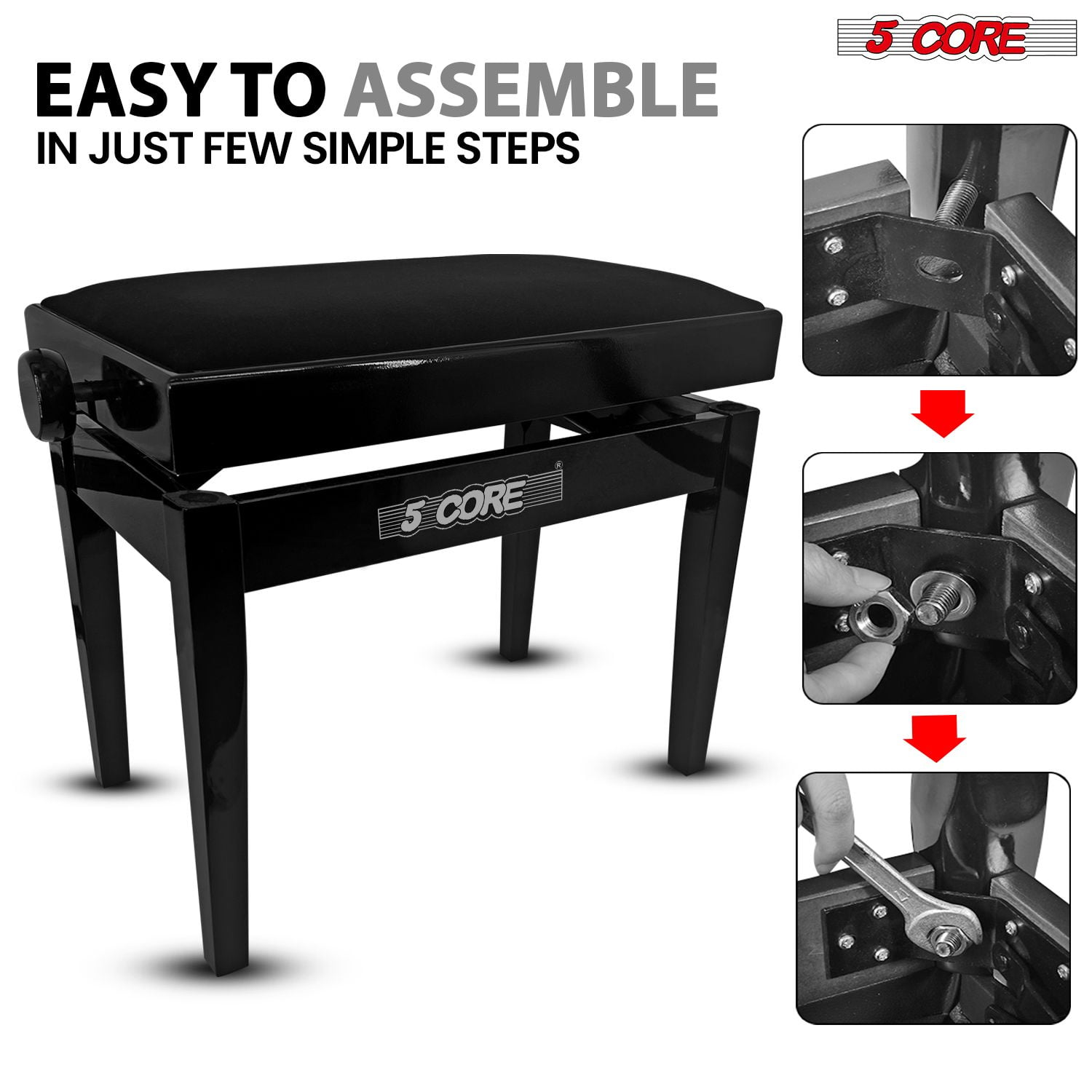 5 CORE Adjustable Piano Bench Thick 3.25" Padded Solid Wood Keyboard Bench Heavy Duty Stool Super Stable Musician Chair