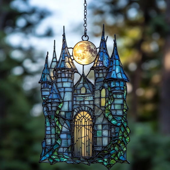Moonlit Castle Wavy Acrylic Suncatcher - Faux Wavy Acrylic Window Hanging - Fairytale Decor, Fantasy Gift For Her, Gothic Castle Art For Home
