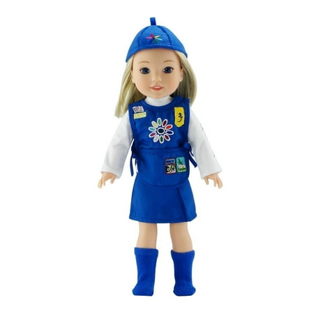 Girl Scout Uniform Daisy 14 Inch Doll Clothes | Daisy Girl Scout-Inspired Uniform, Includes Blue Skirt, T-Shirt with Daisy Print, Tunic with Embroidered Patches, Matching Hat/Socks | Fits American Girl Wellie Wishers Dolls ()