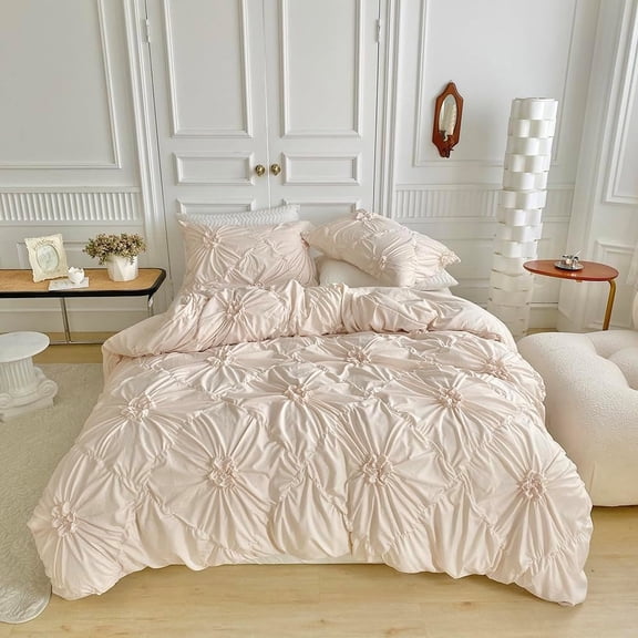 Rustic French Style Textured Flower Pinch Pleated Beige Duvet Cover Set Solid Luxury Bedding Sets,Full Size