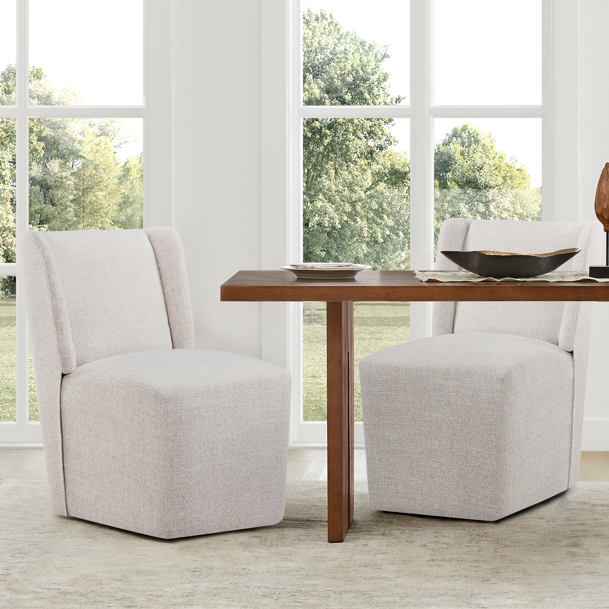 Spruce & Spring Anywhere Upholstered Dining Chair with Hidden Detachable Casters, Stain-Resistant Linen-Look Fabric, White