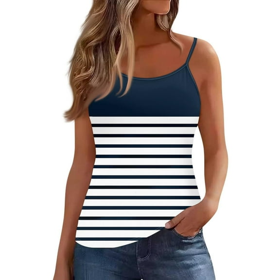 ZQUUVOU Tank Top For Women Spaghetti Stripe Printed Round Neck Sleeveless Camisole Summer Tank (Navy,2XL)