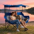 thumbnail image 2 of Double Camping Chair with Canopy Shade, Oversized Folding 2 Person Loveseat with Cup Holders and Side Pockets, Portable Outdoor Couch for Beach Lawn Picnic Fishing (Blue + Grey), 2 of 8