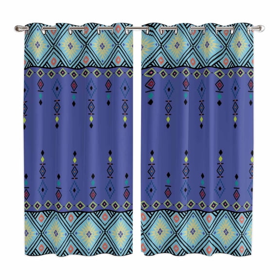 Navy Blue Boho Kitchen Curtains Window Panels, Vintage Ethnic Tribe Abstract Art Retro Insulated Window Treatment Curtain, Grommet Curtains for Bedroom/Living Room/Bathroom, 2 Piece 42"Wx63"L