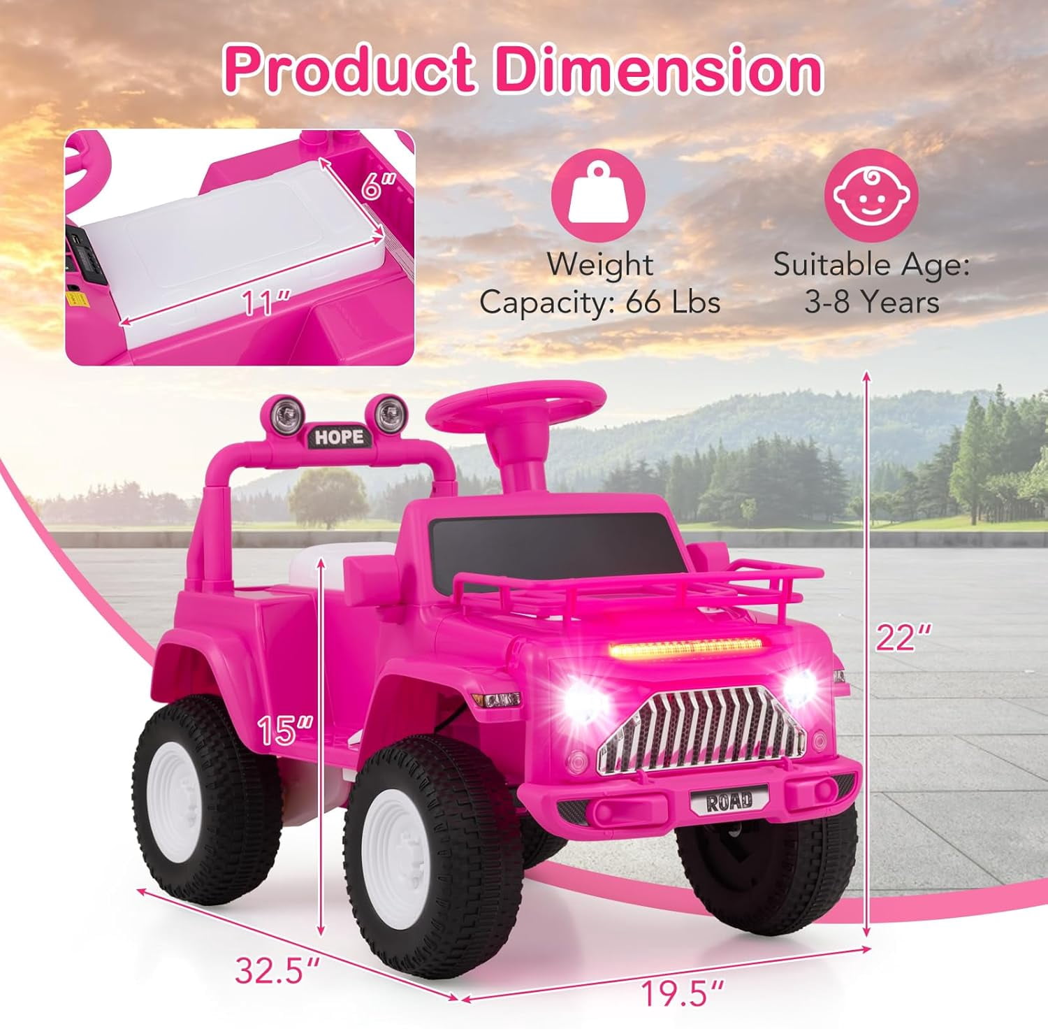 OLAKIDS Kids Ride on Car, 6V Battery Powered Electric Vehicle ATV for Toddlers with Foot Pedal, Music, Horn, Radio, Rear Storage, LED Lights, USB, 4 Wheels Toys for Boys Girls Aged 3-8 Years