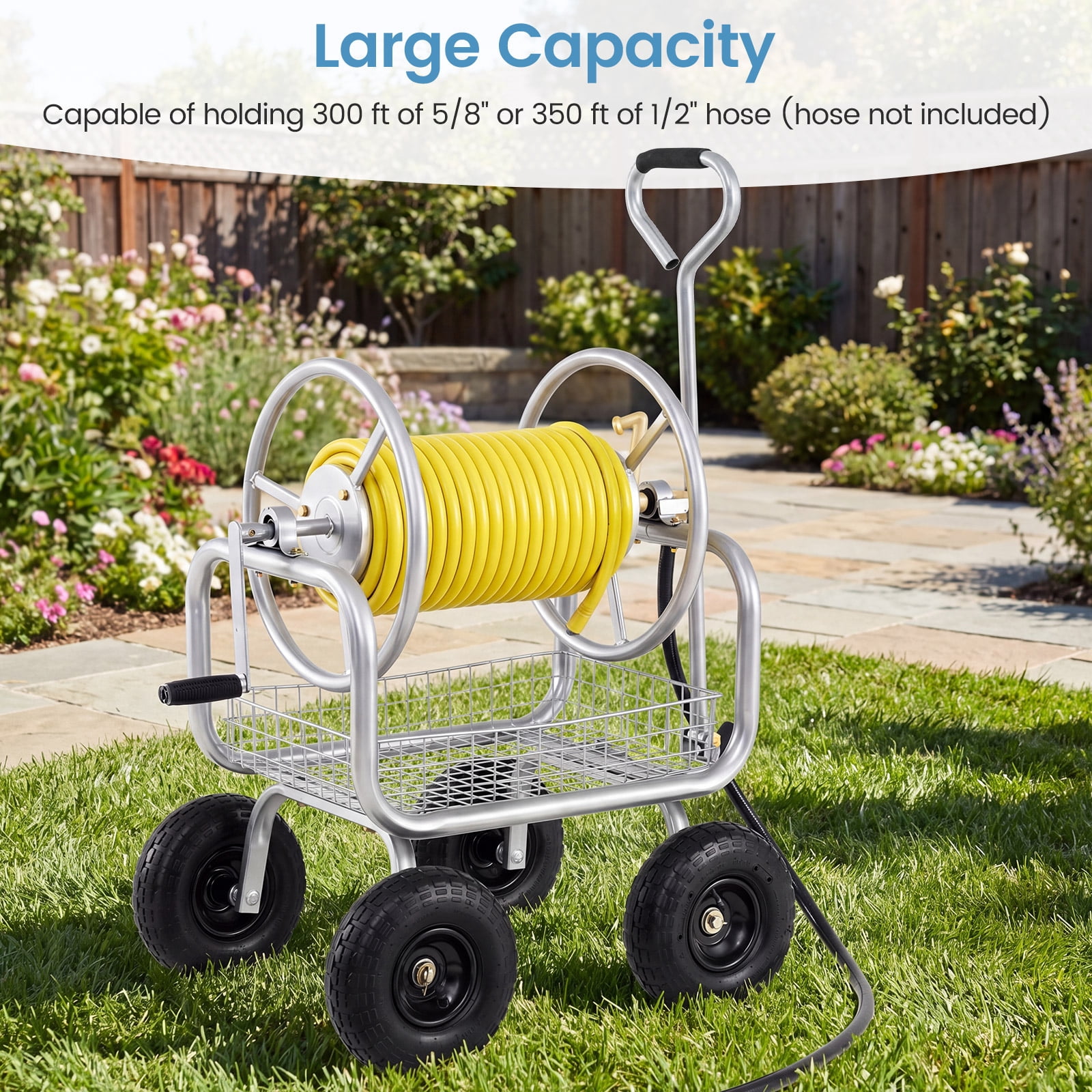 Costway Garden Hose Reel Cart with 4 Wheels, Storage Basket, 300 FT of 5/8” Large Capacity Silver