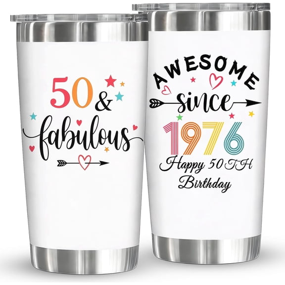 50th Birthday Gifts for Women Her - Happy 50 Year Old Gifts For Mom, Wife, Sister - Fabulous 50th Birthday Decorations for Woman - Awesome Since 1976 White 20 Oz Tumbler, Insulated Cup