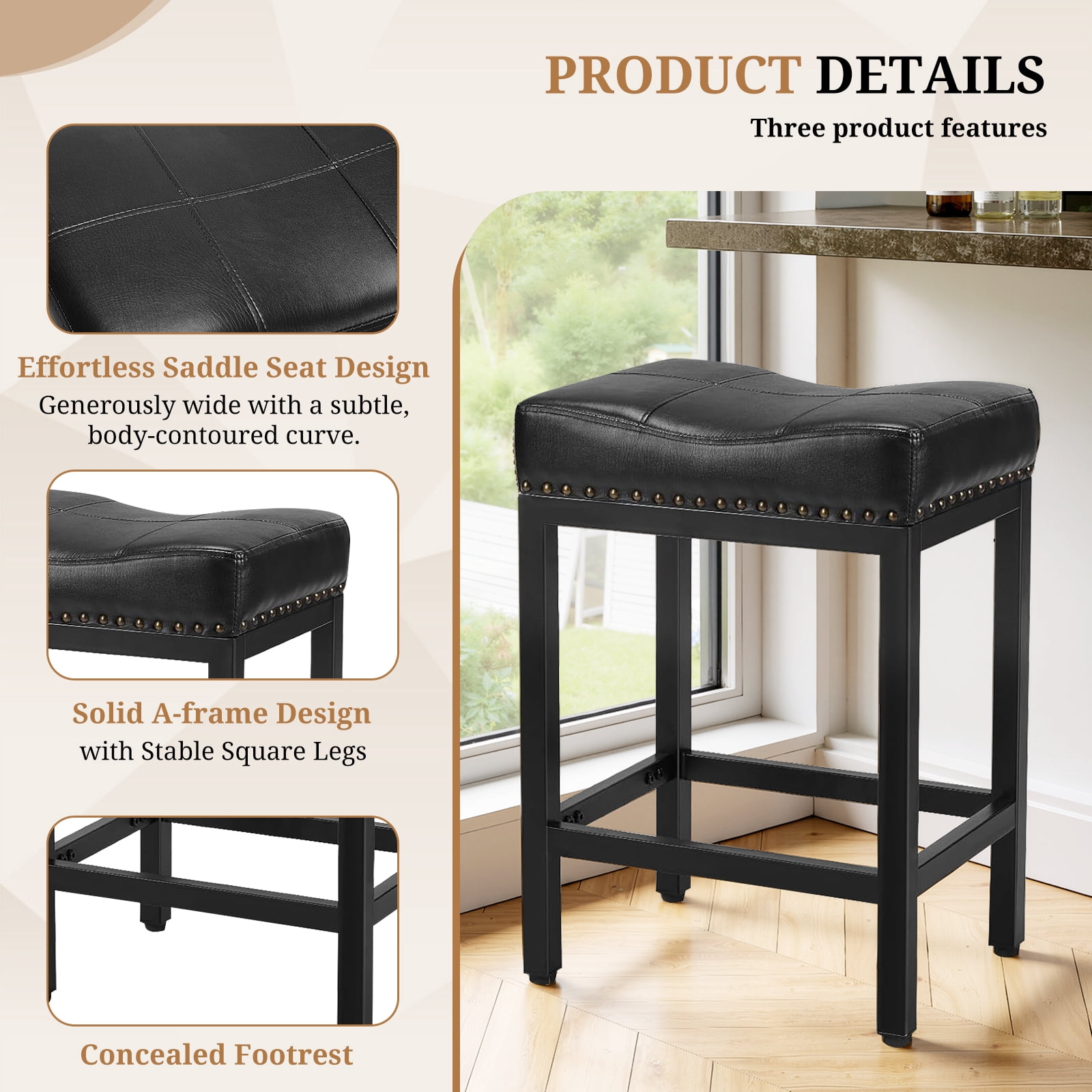 Sybels 24" Saddle Bar Stools (Set of 2) - PU Leather Counter Stools with Footrest for Kitchen Island, Cafe，Black