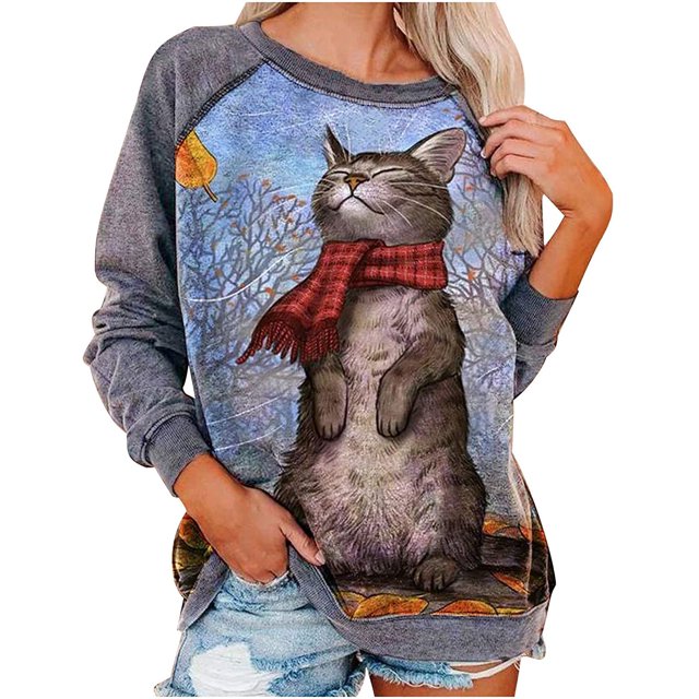 Chandail en Molleton Citrouille Chat pour Femmes Halloween Col Rond Pull Manches Longues Hauts Décontractés Amples