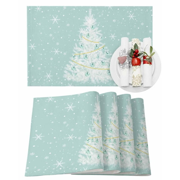 Christmas Teal Placemats Set of 4 Green White Xmas Tree Winter Snowflakes Heat Insulation Washable Place Mats, Rustic Non-Slip Table Mats for Dining Table Party Kitchen Decor,13x19 Inch