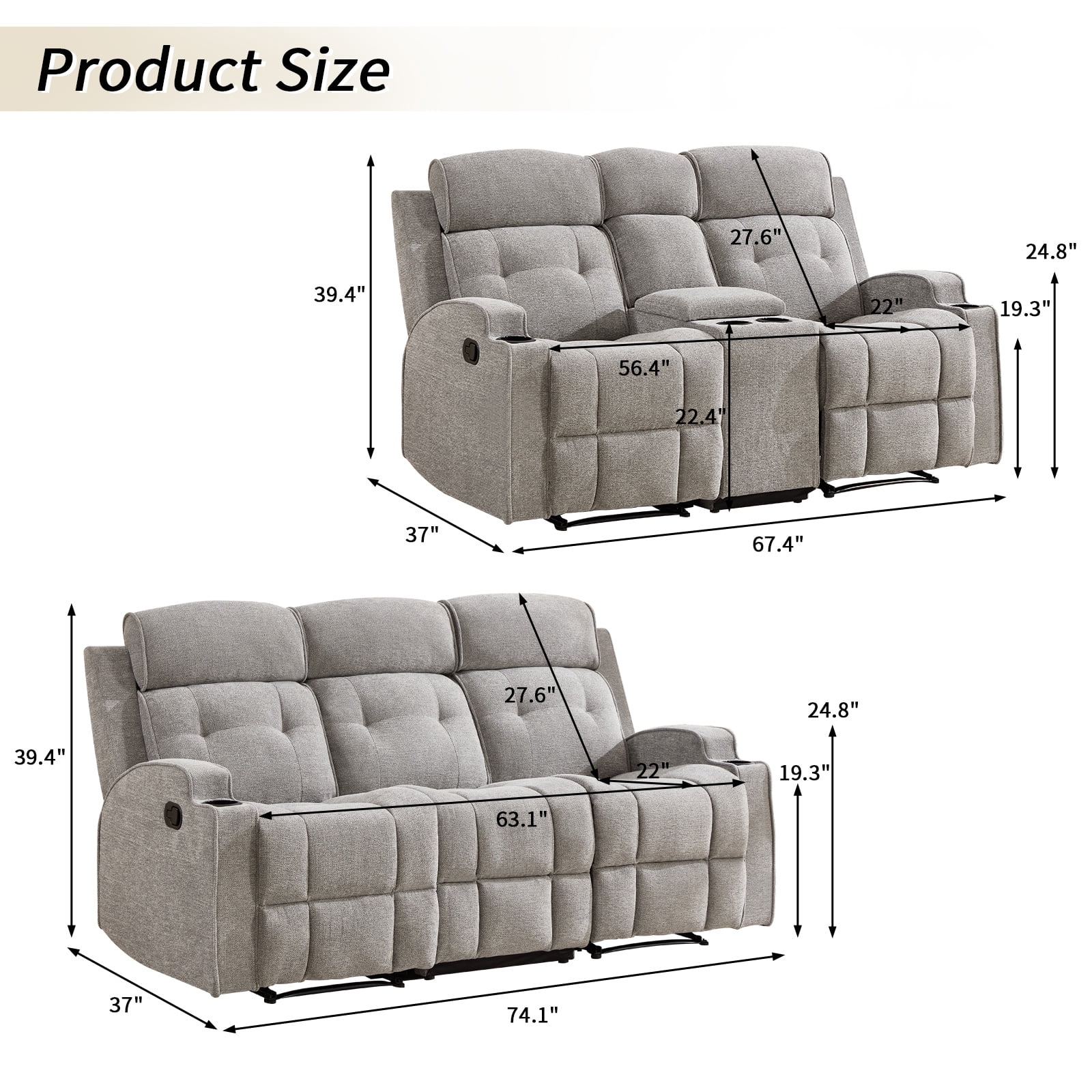 Bonzy Home Manual Recliner Sofa Set – Fabric Loveseat & 3-Seat Reclining Sofa for Living Room