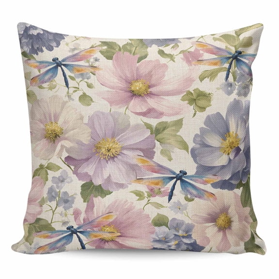 Vintage Flowers Pillow Covers 24x24 Inch Decorative Throw Pillow Cover, Spring Watercolor Floral Dragonflies Beige Sofa Pillowcases Accent Cushion Case Home Decor Bedroom Living Room