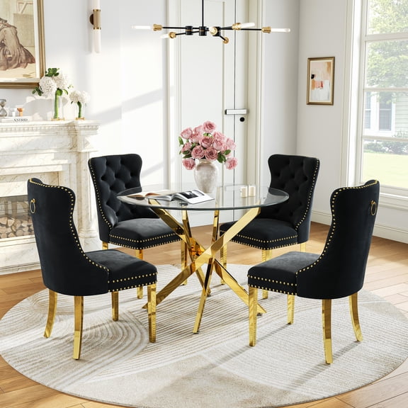 Round Table Set for 4, 36" Tempered Glass Gold Legs Dining Table with Dining Chairs for Dining Room, Kitchen, Meeting Room