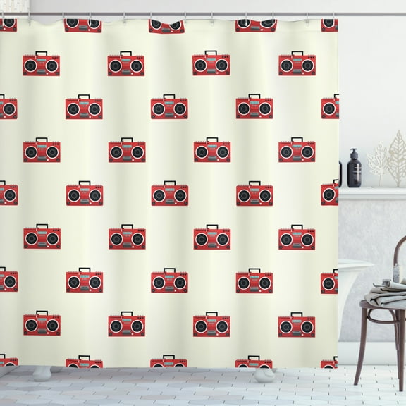 Hip Hop Shower Curtain, Tape Recorder Musician Instrument Breakdance and Rap Music Themed Print, Fabric Bathroom Set with Hooks, 69W X 70L Inches, Cream Vermilion Black, by Ambesonne