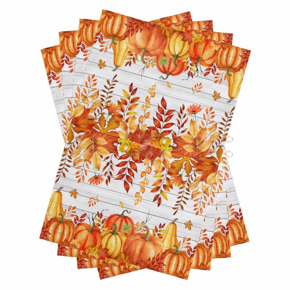 Fall Pumpkin Kitchen Towels Set of 4, Water Absorbent Dish Towel, Orange Red Thanksgiving White Wood Grain Decorative Hand Towels - Quick Drying Cloth for Cooking Baking, 18x28 Inch