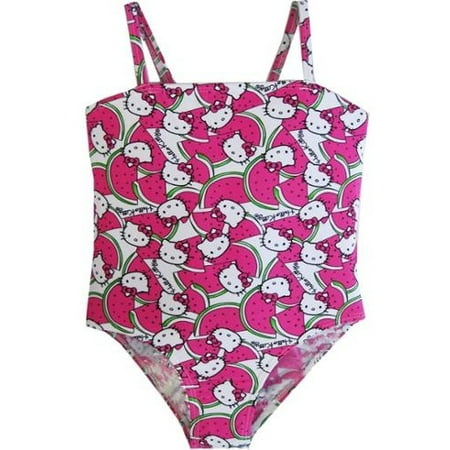 - Little Girls Fuchsia White Watermelon Print One Piece Swimsuit 4-6X