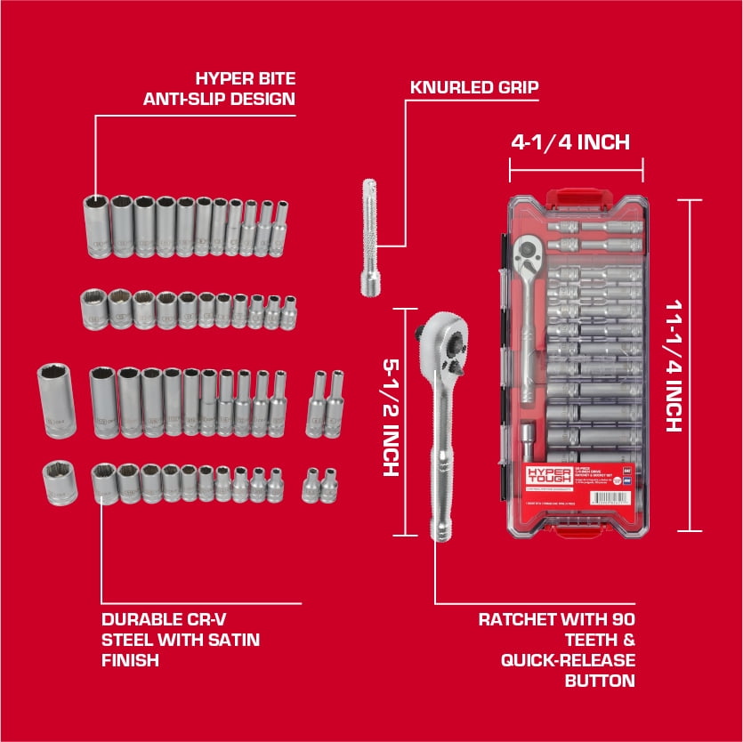 Hyper Tough 1/4-Inch Drive Ratchet and Socket Set, SAE and Metric, 50 Pieces