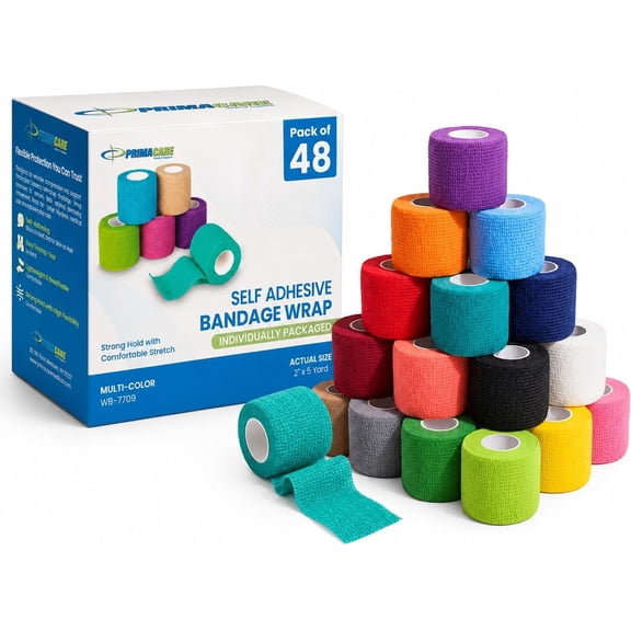 Primacare WB-7709 Self Adhesive Bandage Wrap 48 Pack, 2” x 5 Yards, Assorted Colors
