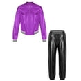 thumbnail image 3 of YiZYiF Boys Girls Jazz Hip Hop Dance Costume 2 Piece Set Metallic Shiny Bomber Jacket and Sweatpants Purple&Black 6, 3 of 7