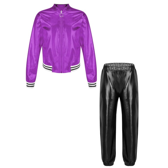 ZDHoor Kids Girls Boys Shiny Metallic Bomber Jacket with Pants Hip Hop Jazz Dance Clothing Sets Purple&Black 12