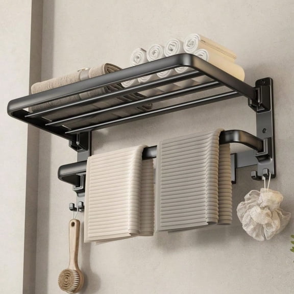 Towel Racks for Bathroom 24-Inch Towel Shelf with Towel Bar Foldable Towel Holder with 7 Hooks Towel Storage Organizer for Bathroom Lavatory Wall Mounted Matte Black
