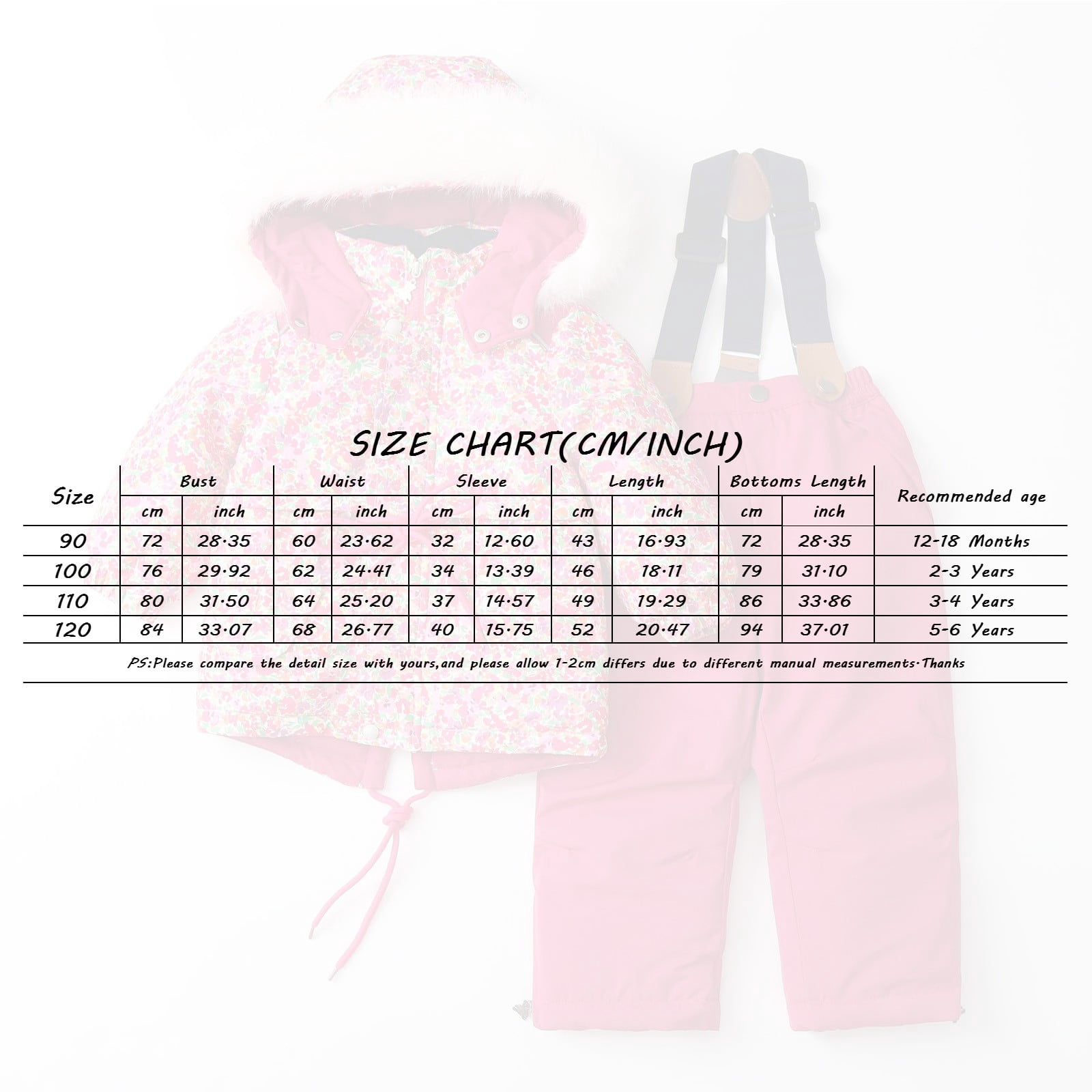Caqnni Toddler Boys Girls Outwear Snowsuit Winter Clothes Outfits Kids Coats Snow Jumpsuit And Jacket 2PCS Set Snowsuit Winter Warm Outfit Sets (A05-Pink,4-5 Years)