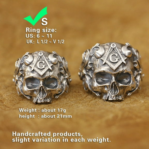 925 Sterling Silver Masonic Skull Punk Ring TA449 Small Model US Size 10