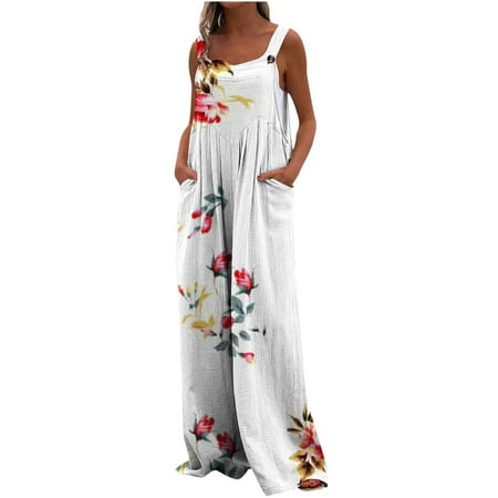 

Summer Savings Clearance! PEZHADA Bodysuit for Women Jumpsuits for Women Rompers for Women Women Print Jumpsuit Pajamas Casual Buttons Pocket Sleeveless Wide Leg Long Pants White XXL