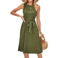 thumbnail image 3 of HUBERY Women Crewneck Sleeveless Tie Waist Pocket Split Hem Solid Color Midi Dress, 3 of 7