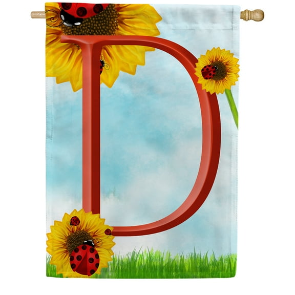 America Forever Summer Sunflower Ladybugs Monogram House Flag Letter D 28 x 40 inches Yellow Floral Spring Double Sided Vertical Outdoor Yard Lawn Decorative Yellow Hello Sunshine House Flag