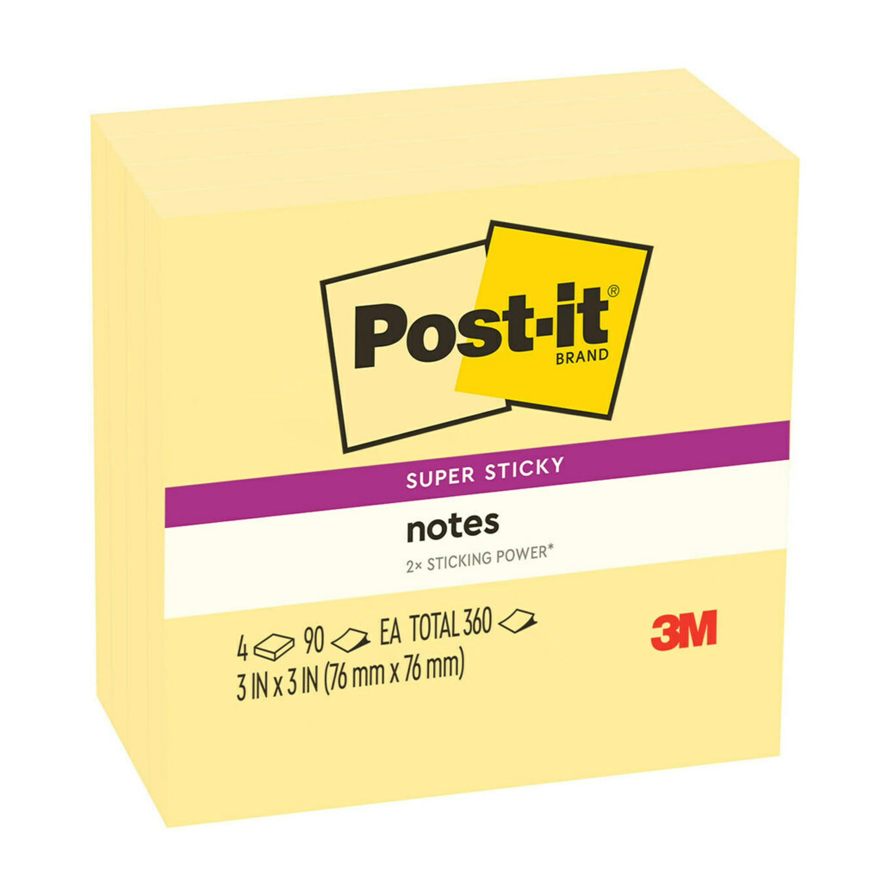 Post-it Super Sticky Notes, 3". x 3", Canary Yellow, 4 Pads