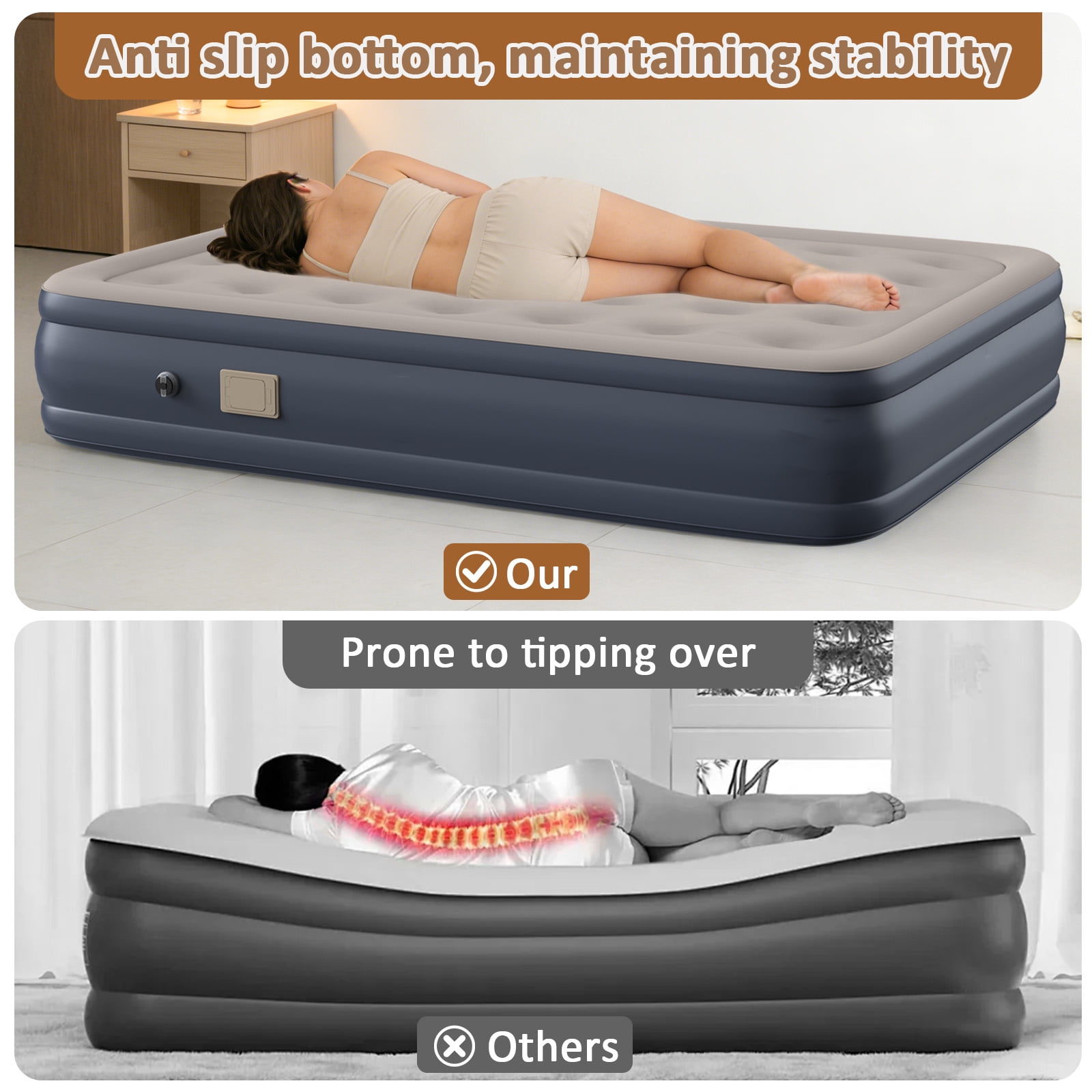 Air Mattress with Pillow, Queen Inflatable Mattress with Built-in Pump, Elevated Inflatable Bed with Pillow, for Camping, Guests and Home, 660lbs Max, Gray