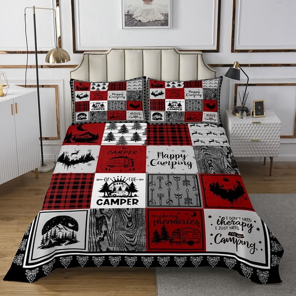 YST Kids Happy Camping Quilt Bedding Set Twin,Rustic Cabin Rv Camper Bedspread for Bunk Travel Trailer,Red and Black Buffalo Plaid Quilts Set,Christmas Pine Tree Deer Coverlet Set