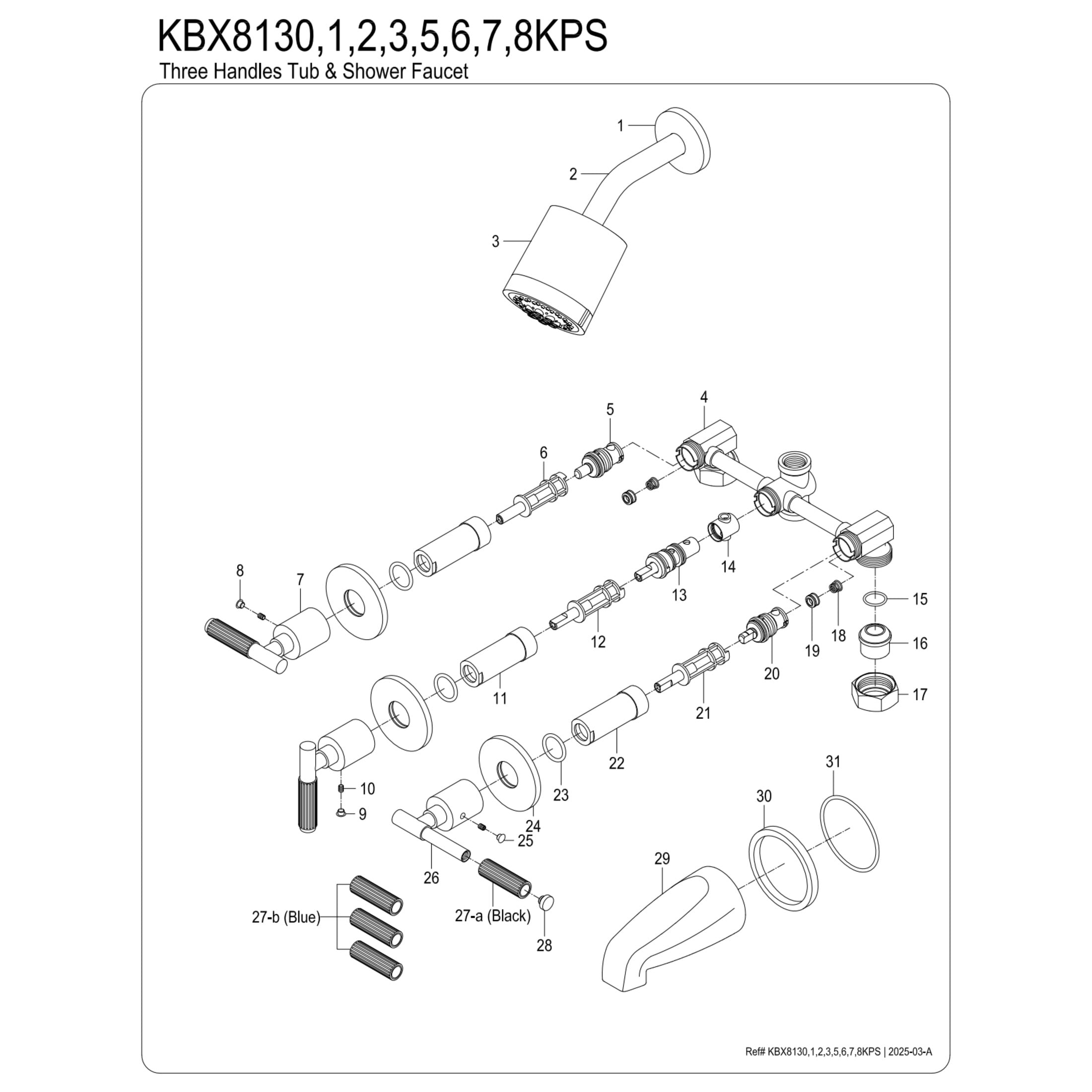 Kingston Brass KBX8138KPS Verona Triple-Handle Tub and Shower Faucet, Brushed Nickel