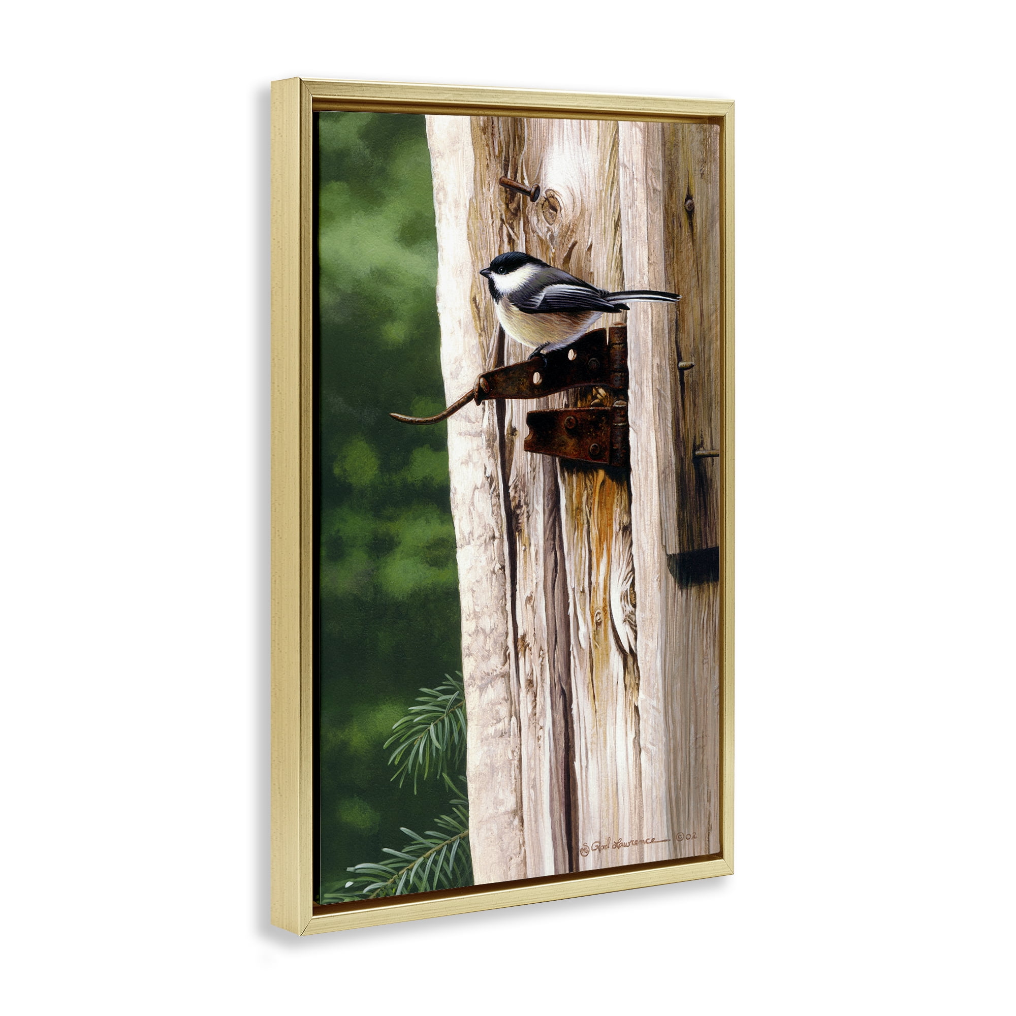 Stupell Industries Bird on Rusty Perch Animals Painting Gold Floater Framed Canvas Art Print Wall Art, 17 x 25