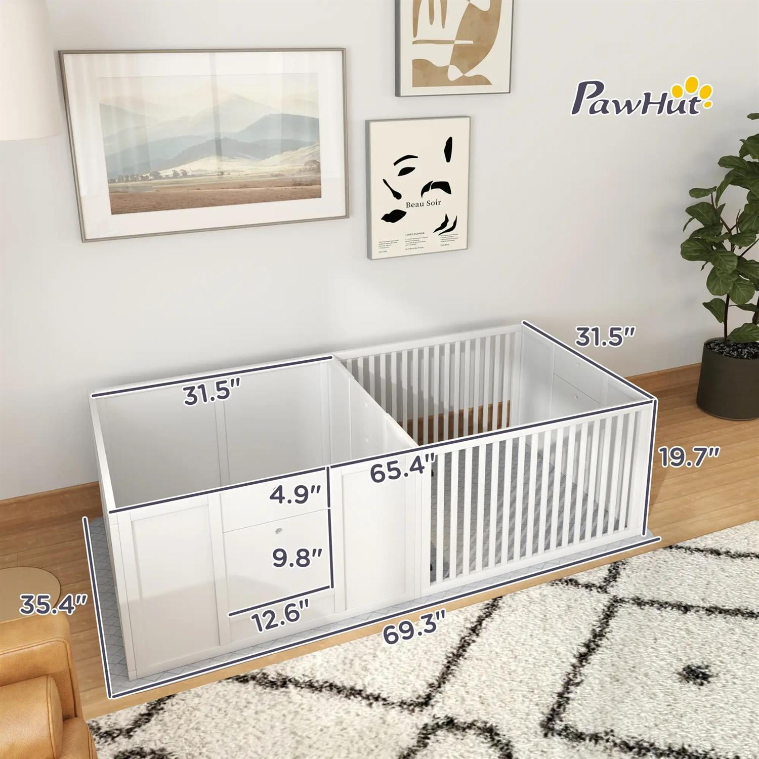 Pefilos 65" Indoors Puppies Whelping Box for Large Breed Dogs, Puppy Playpen with Waterproof Pee Pad & Adjustable Door, Waterproof & Rustproof Whelping Pen, White