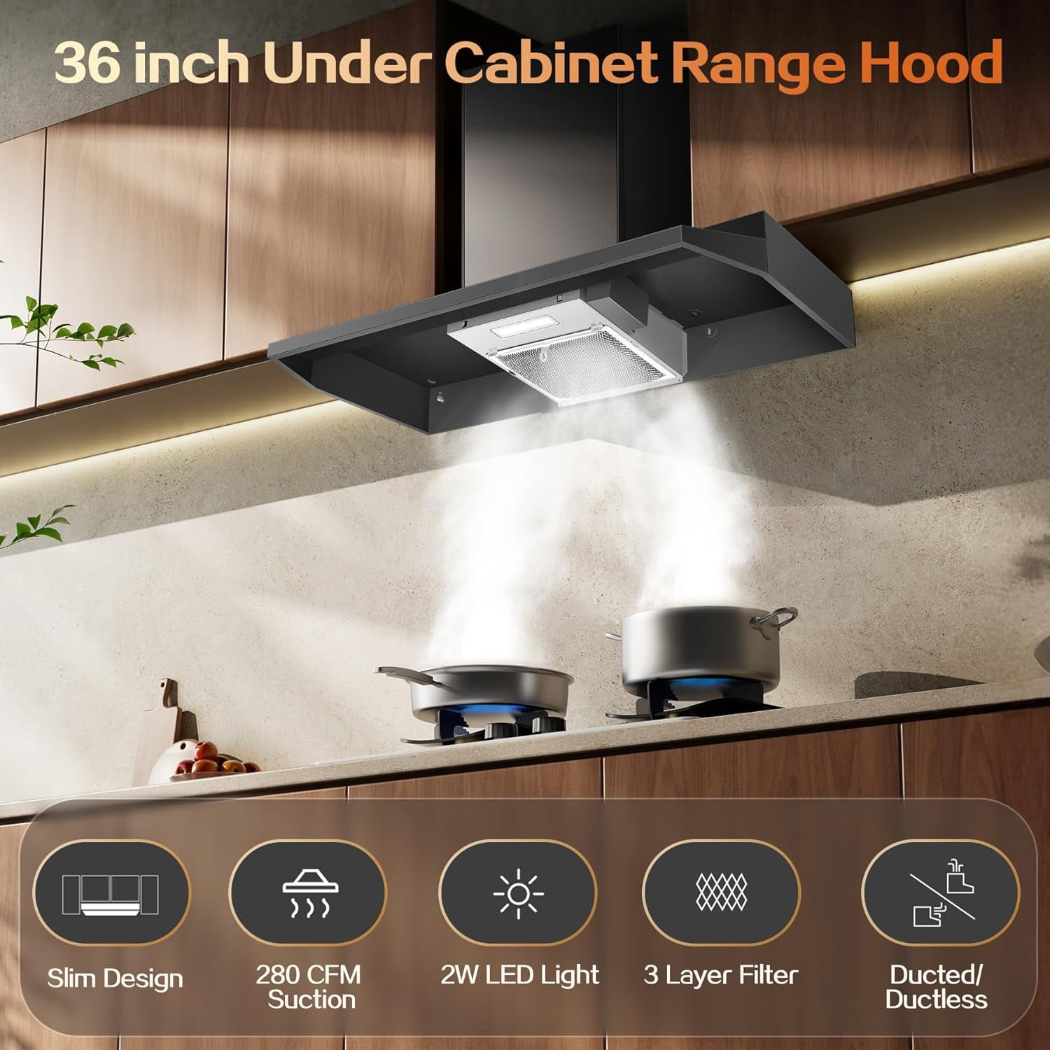Under Cabinet Range Hood 36 inch, Ducted/Ductless Vent Hood with 2 Speeds Fan, Black Range Hood with Rocker Button Control, Kitchen Hood 280CFM, Bright LED Light