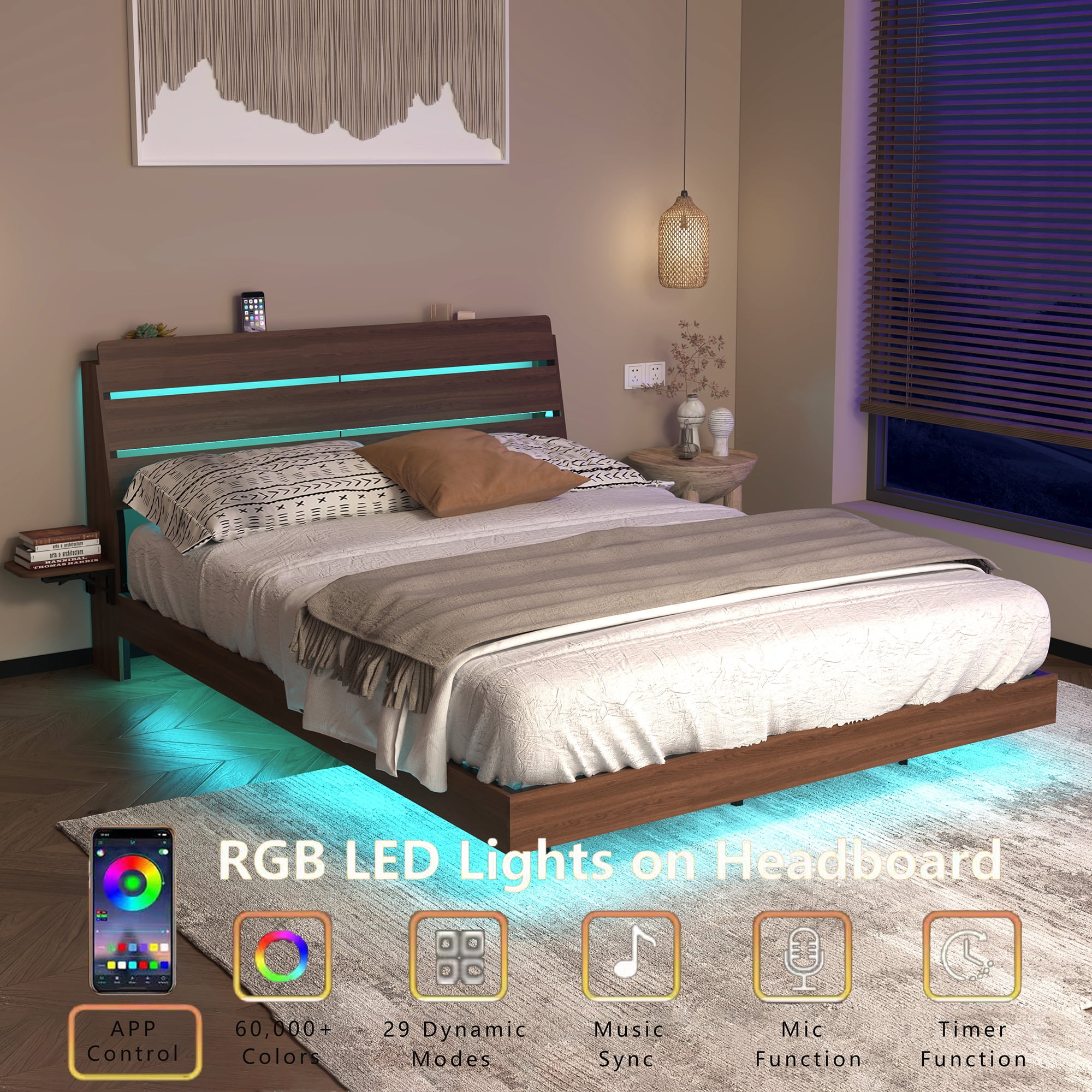 Miniyam Queen Floating Bed Frame with RGB LED Lights, Storage Headboard & USB Charging Station, Walnut